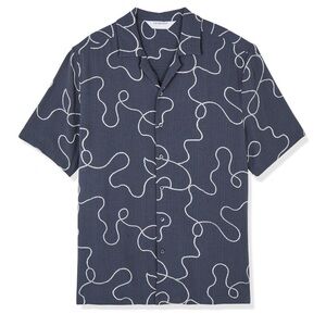 Primark x Kem Cetinay Viscose Dark Blue Shirt with Abstract White Swirl Pattern